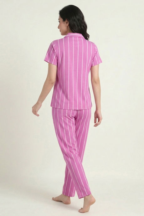 Zivame Thin Stripes Knit Cotton Pyjama Set - Spring Crocus — image 2
